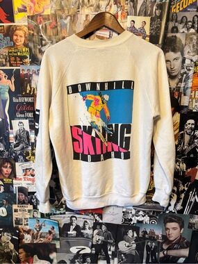 Jerzees Cream Downhill Skiing Graphic Sweatshirt with Blue and Pink Print